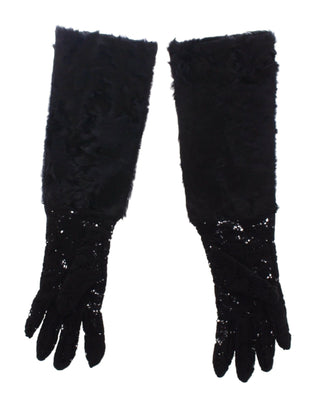 Dolce & Gabbana Black Wool Lace & Lamb Fur Elbow Gloves