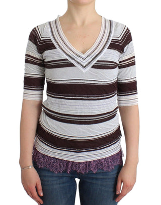 Ermanno Scervino Striped V-Neck Knit Top with Lace Hem