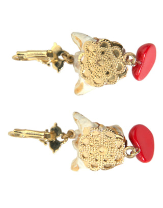 Dolce & Gabbana Gold Brass Heart Dog Red Crystal Dangling Earrings