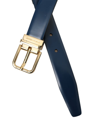 Dolce & Gabbana Blue Calf Leather Gold Metal Buckle Belt Men