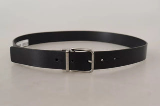 Dolce & Gabbana Black Calf Leather Logo Engraved Metal Buckle Belt