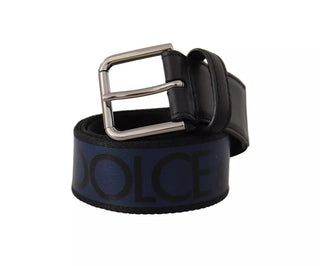 Dolce & Gabbana Blue Black Logo Print Silver Buckle Belt