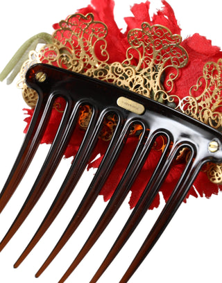 Dolce & Gabbana Red Silk Floral Gold Brass Women Hair Comb