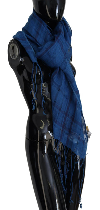 Costume National Chic Linen Fringed Scarf in Blue Checkered